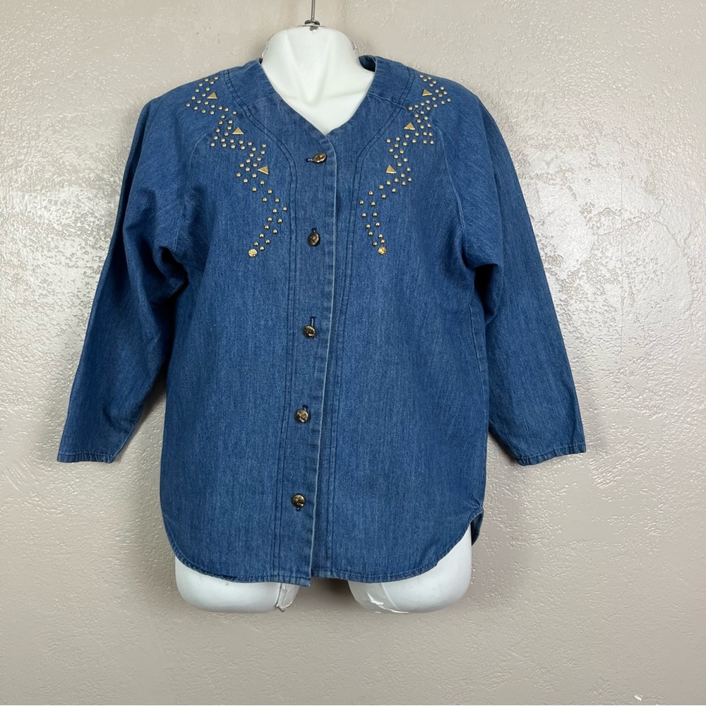 Visage Fashion Vintage Denim Jean‎ Button Up Top ~ Sz Large Long Sleeve
